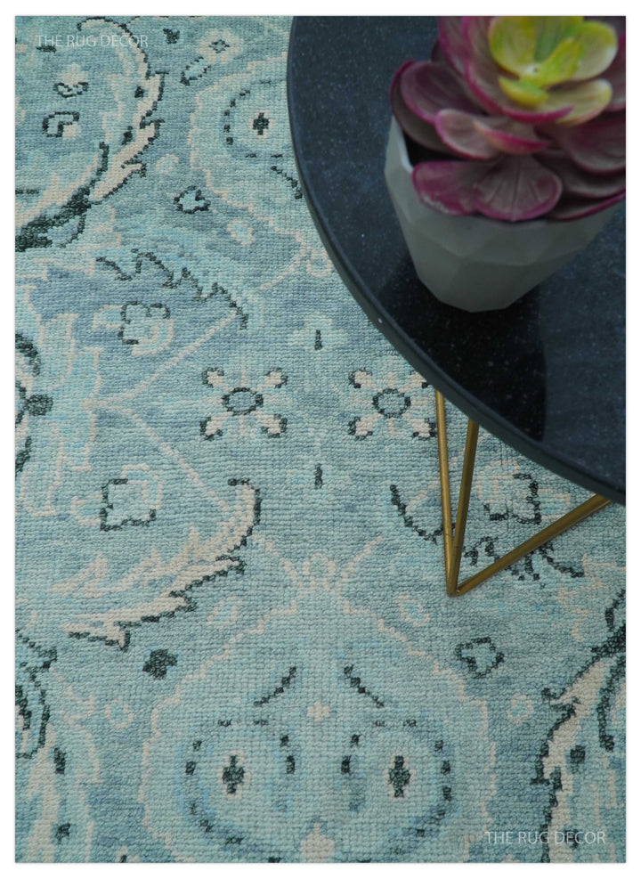 Custom Made Oushak Blue And Beige Hand Knotted Wool Rug