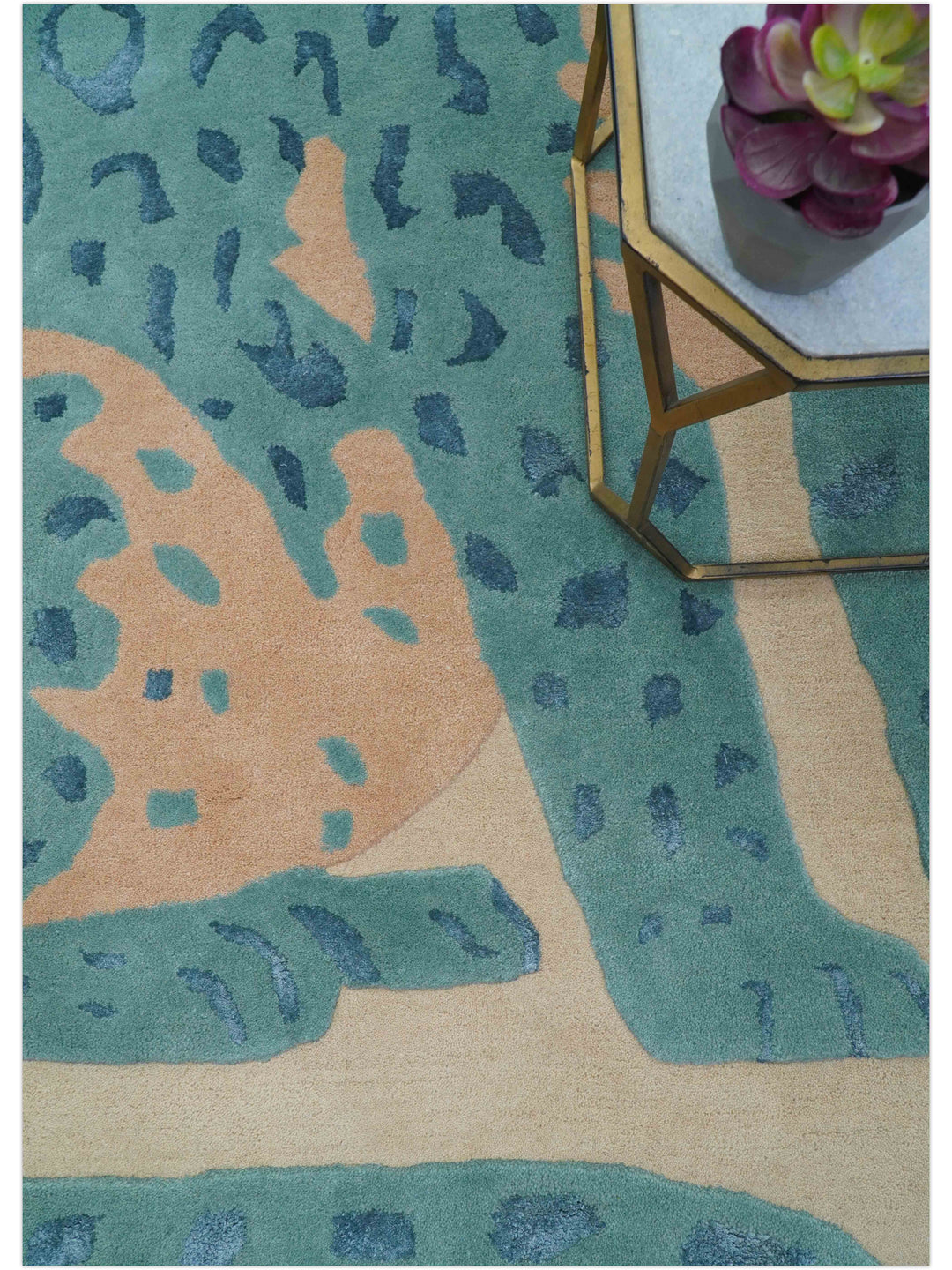 Custom Made Modern Animal Pattern Teal And Beige Hand Tufted Wool Area Rug