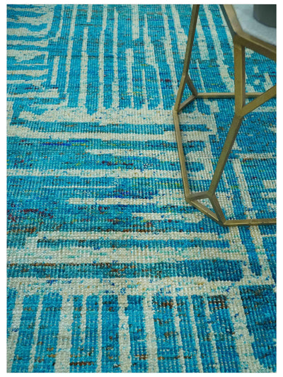 Modern stripes design Blue and Beige 5x8 Hand knotted Traditional wool area rug