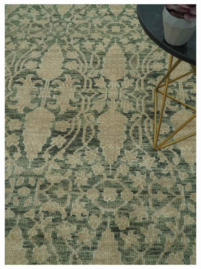 Antique look vintage style 8x10 Green, Beige and Brown traditional Hand Knotted wool rug