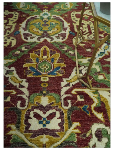 Maroon and Green Hand Knotted Traditional Large Design 8x10 wool area rug