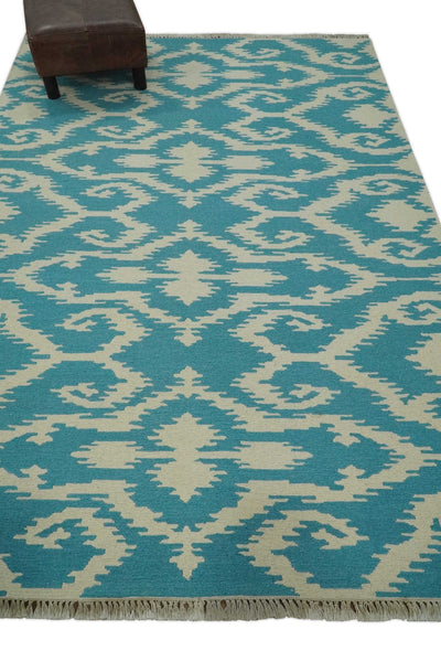 Blue and Ivory 5x8 Traditional Hand Woven Ikat Design Soumak Dhurrie Wool Area Rug