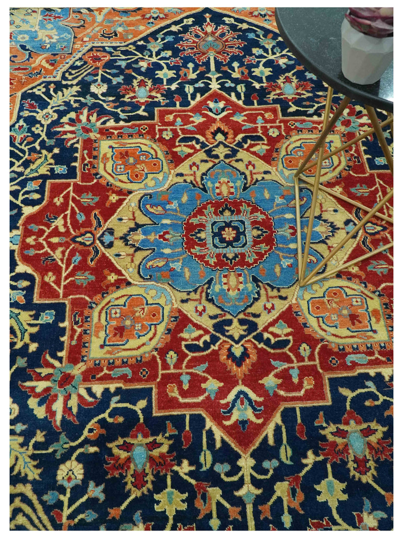 Fine Hand Knotted Brown, Blue and Rust Traditional Medallion 8x10 wool area rug