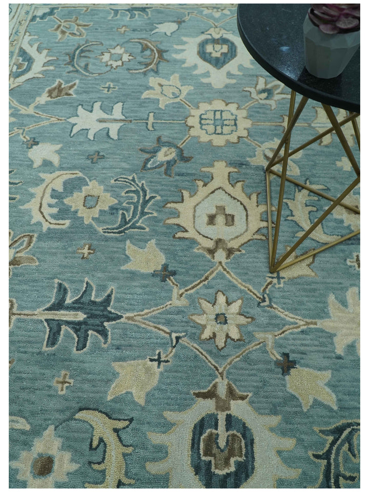 Custom Made Aqua, Ivory and Beige Hand Tufted Oriental Oushak wool area rug