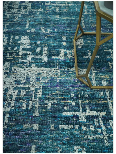 Modern Abstract Hand Knotted Teal and Ivory Contemporary Recycled Silk Area Rug