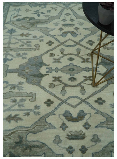 Custom Made Ivory, Gray and Olive Hand Knotted Oriental Oushak Wool area rug