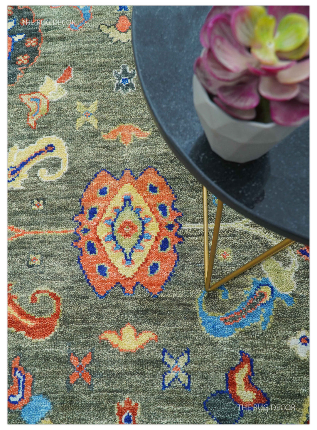 Ready to Ship 7x9 Feet Oushak Olive And Rust Hand Knotted Wool Rug