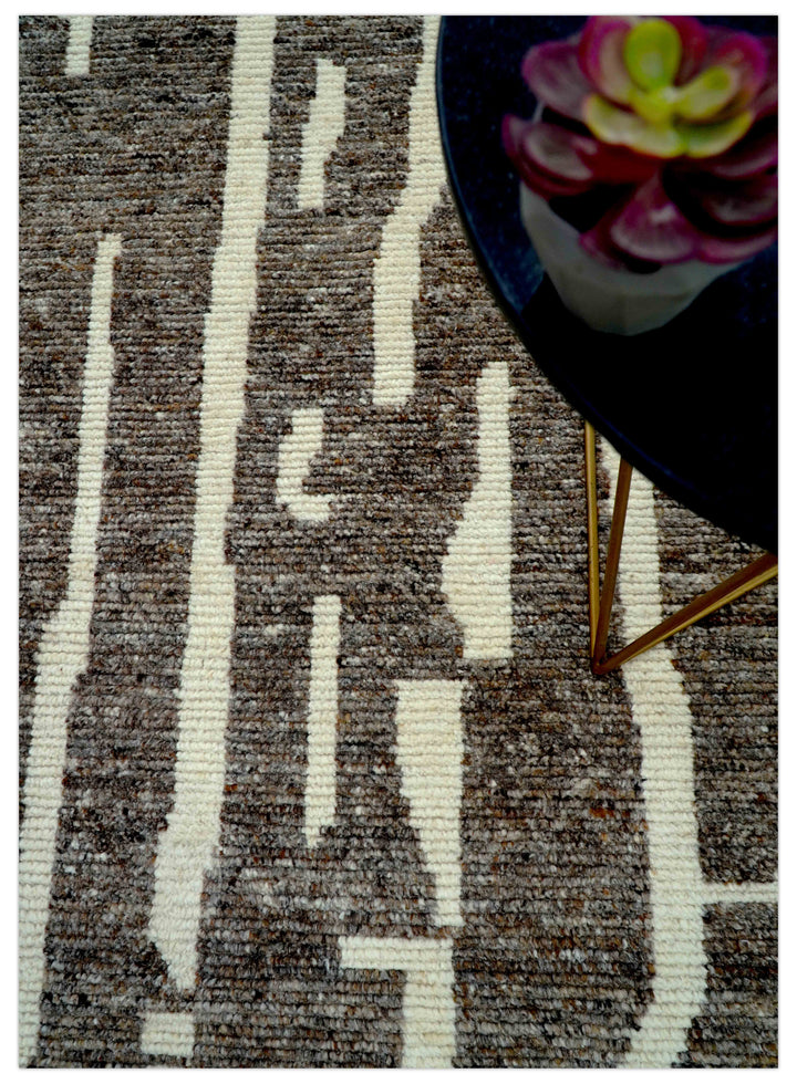 Custom Made Brown And Ivory Contemporary Hand Knotted Wool Area Rug