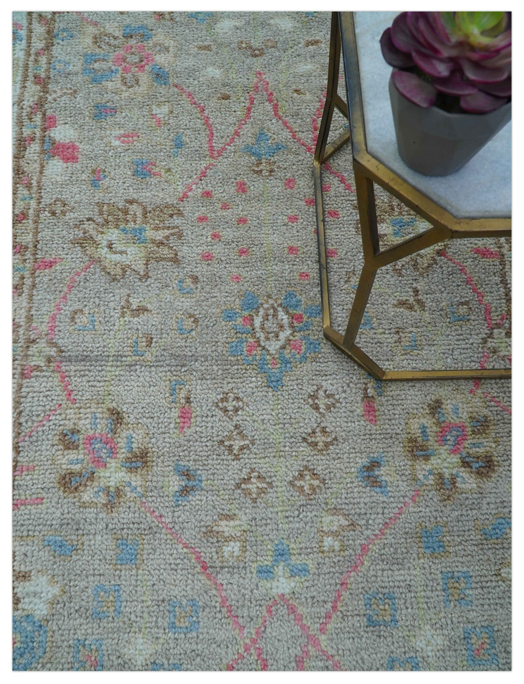 Traditional Oushak Design Beige And Blue 4x6 Hand knotted Wool Area Rug