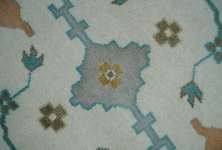 10x14 Ivory and Teal Hand knotted Oriental Oushak Traditional Wool Area Rug - The Rug Decor