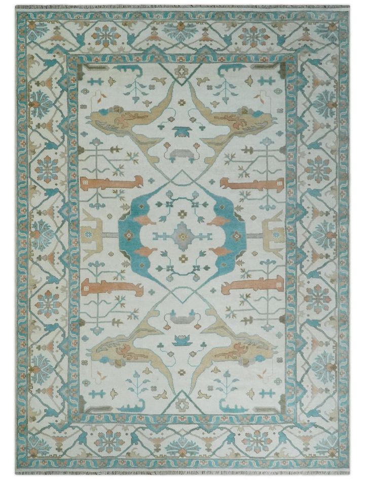 10x14 Ivory and Teal Hand knotted Oriental Oushak Traditional Wool Area Rug - The Rug Decor