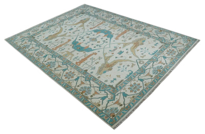 10x14 Ivory and Teal Hand knotted Oriental Oushak Traditional Wool Area Rug - The Rug Decor