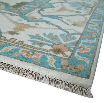 10x14 Ivory and Teal Hand knotted Oriental Oushak Traditional Wool Area Rug - The Rug Decor