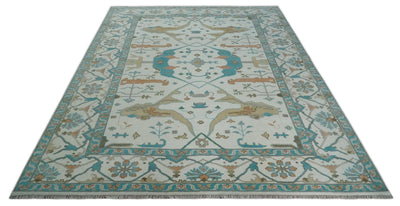 10x14 Ivory and Teal Hand knotted Oriental Oushak Traditional Wool Area Rug - The Rug Decor