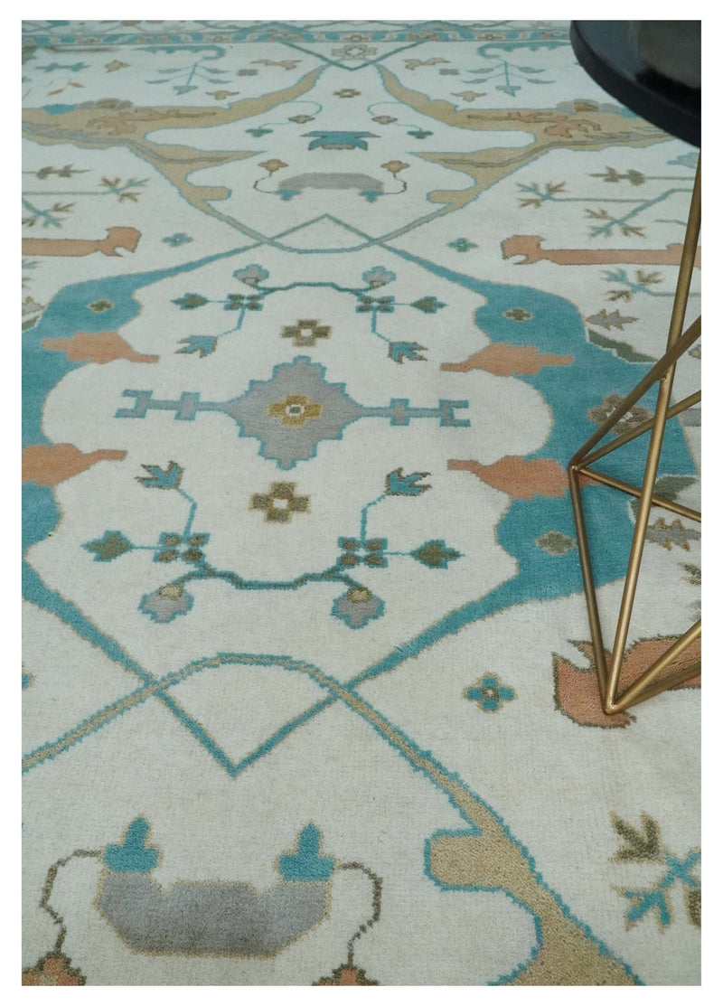 10x14 Ivory and Teal Hand knotted Oriental Oushak Traditional Wool Area Rug - The Rug Decor