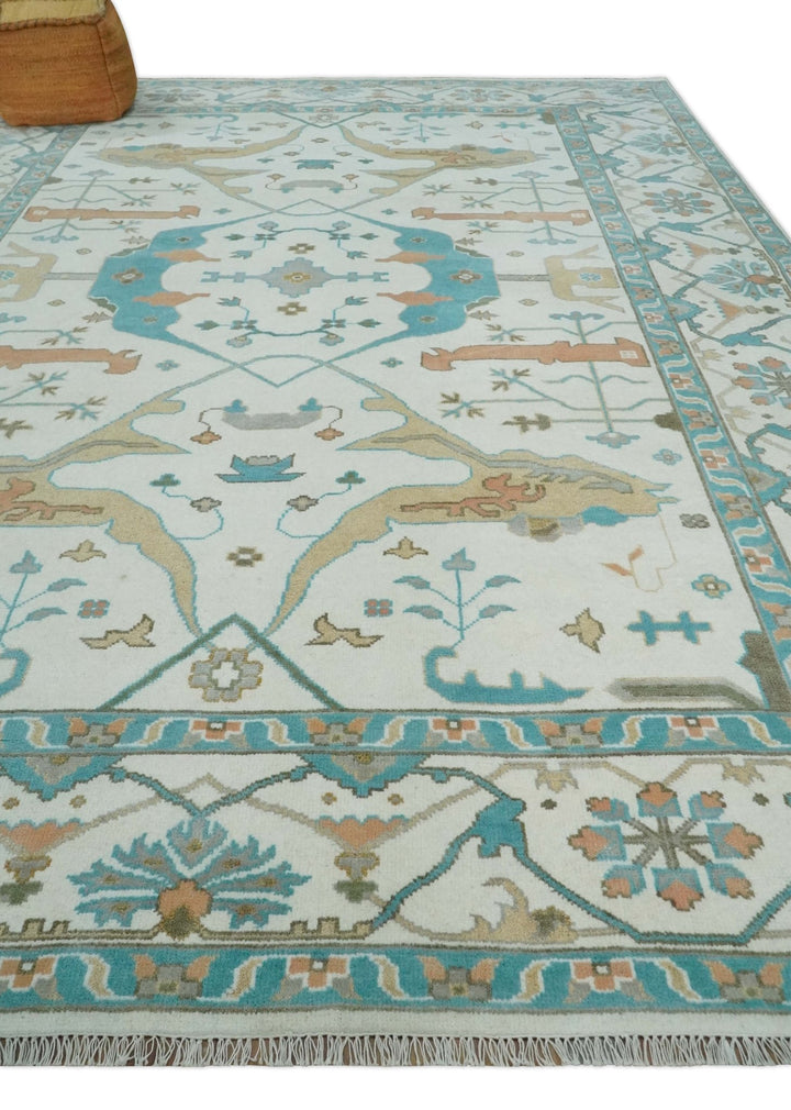 10x14 Ivory and Teal Hand knotted Oriental Oushak Traditional Wool Area Rug - The Rug Decor