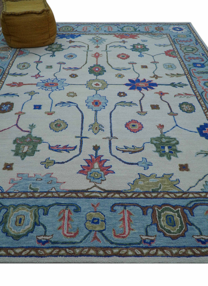 Custom Made Modern Oushak Ivory And Blue Hand Tufted Wool Area Rug