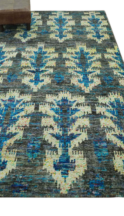 5x8 Traditional Ikat design Charcoal, Blue and Beige Hand knotted wool area rug