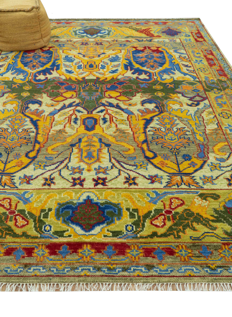 Gold, Blue And Green Transitional Hand Knotted 8x10 wool area rug