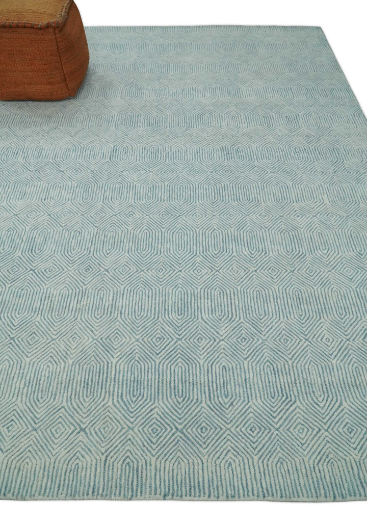 Quick Ship Teal And Ivory Modern Contemporary Hand Tufted 5x8 Wool Rug