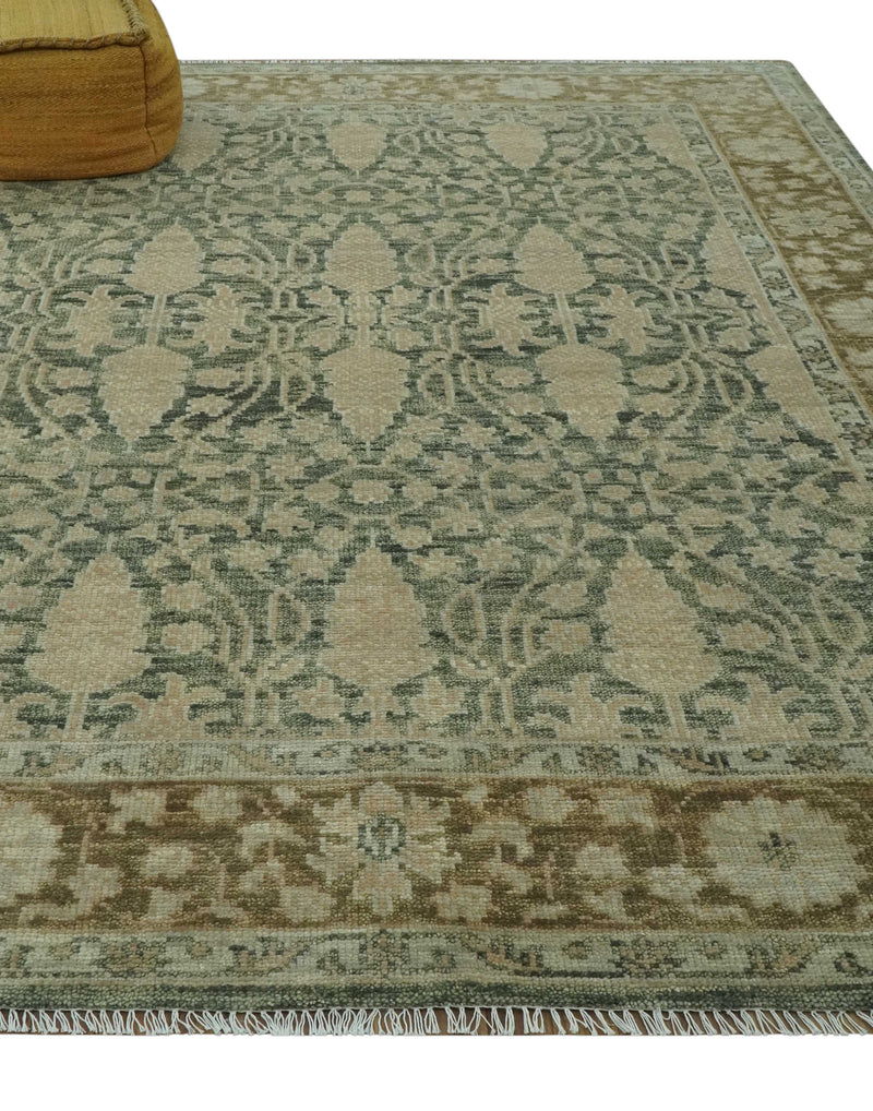 Antique look vintage style 8x10 Green, Beige and Brown traditional Hand Knotted wool rug