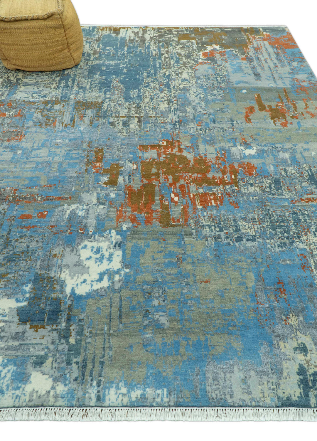 Modern Abstract Design Beige And Blue 8x10 Hand Knotted Wool, Art Silk Rug