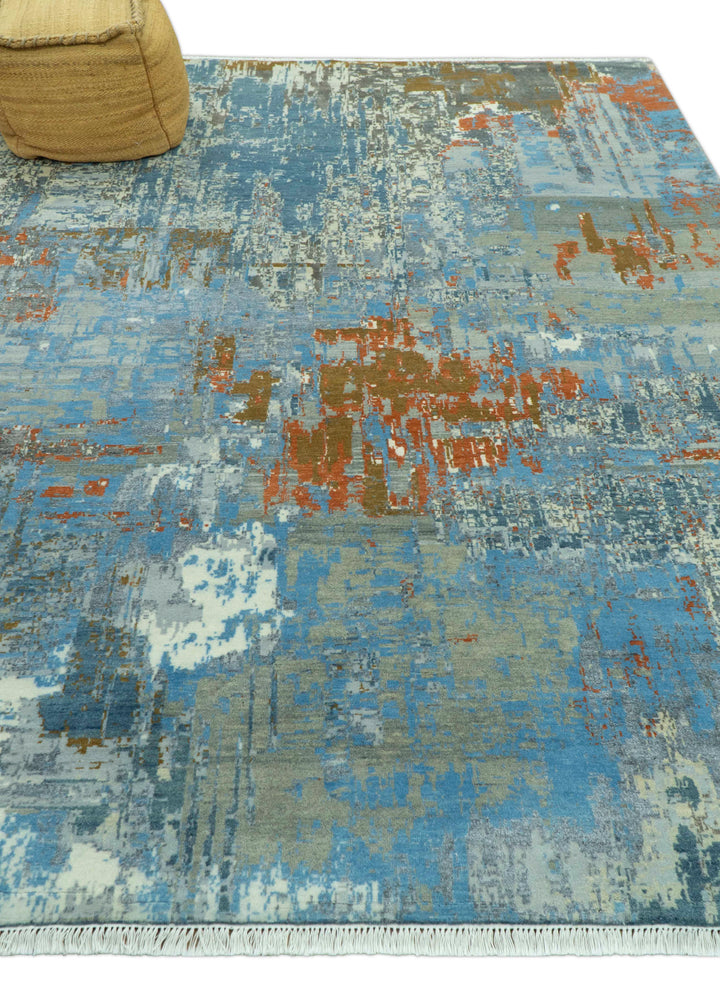 Modern Abstract Design Beige And Blue 8x10 Hand Knotted Wool, Art Silk Rug