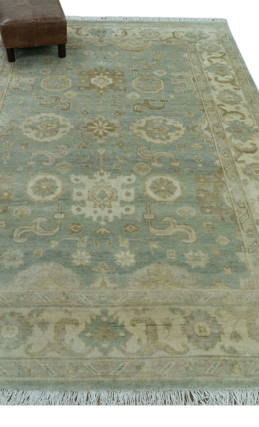Beige And Blue Traditional Oushak Design  6x9 Hand Knotted Wool Area Rug
