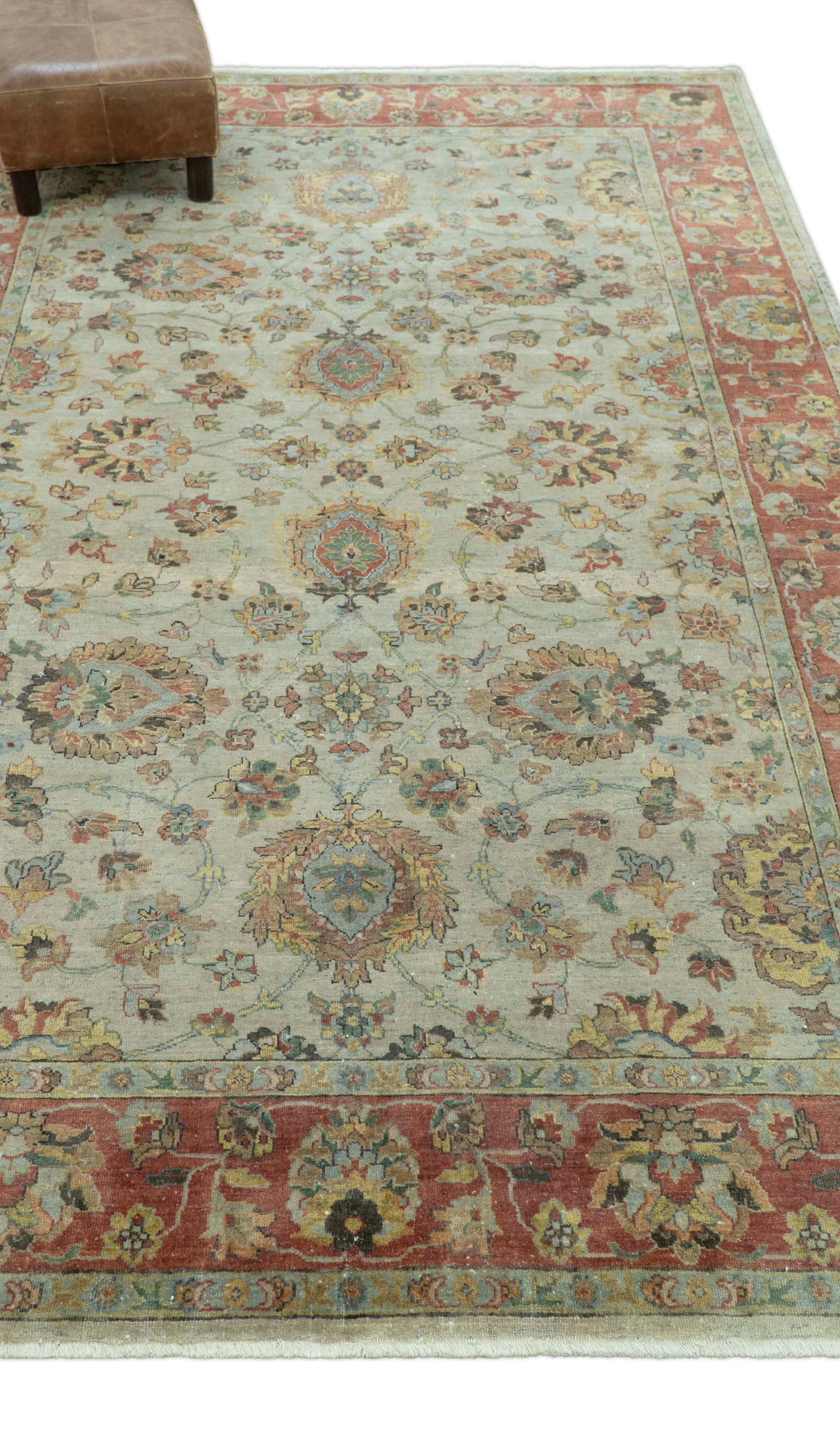 Traditional Turkish Design Beige and Rust 6x8.6 Hand Knotted Wool Area Rug