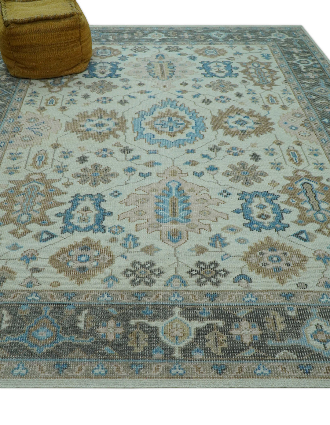 Custom Made Hand Knotted Beige and Blue Traditional Turkish Wool Area Rug