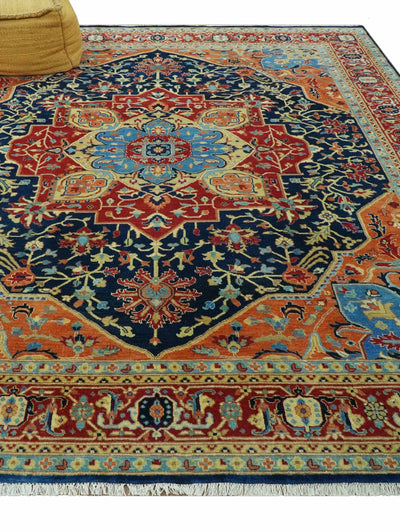 Fine Hand Knotted Brown, Blue and Rust Traditional Medallion 8x10 wool area rug