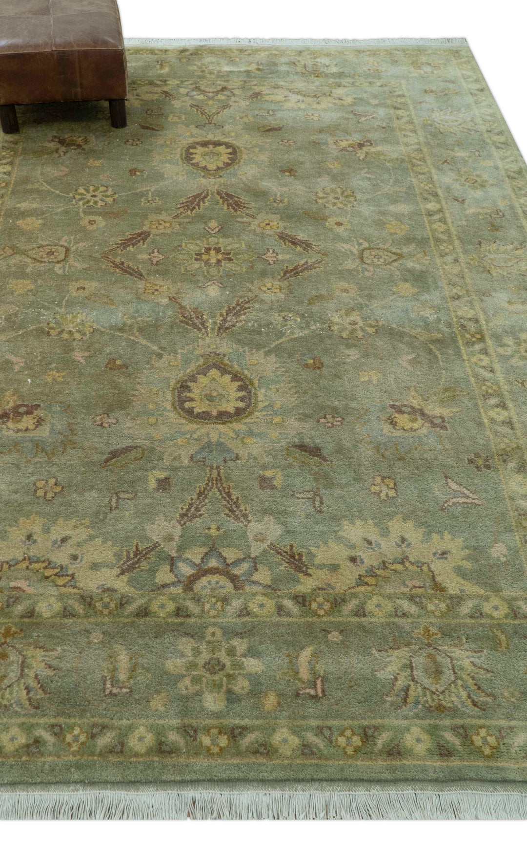 Traditional Oushak Design Antique Green And Brown  6x9 Hand Knotted Wool Rug