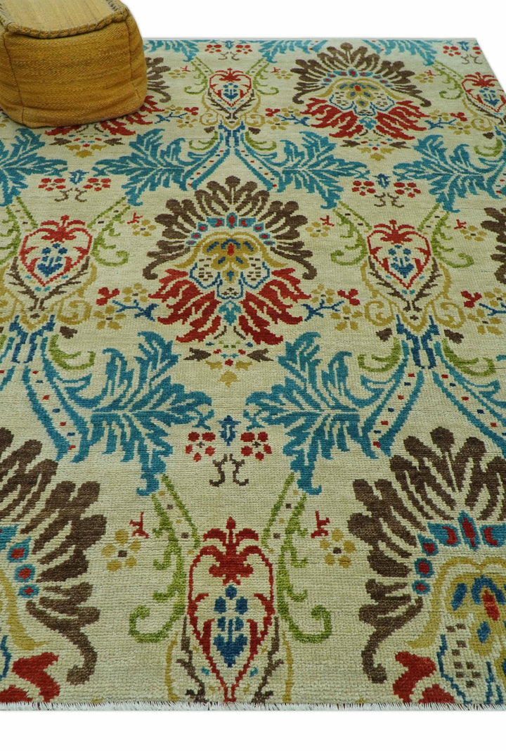 Custom Made Vintage Floral Ikat Design Beige And Blue Hand Knotted Wool Rug