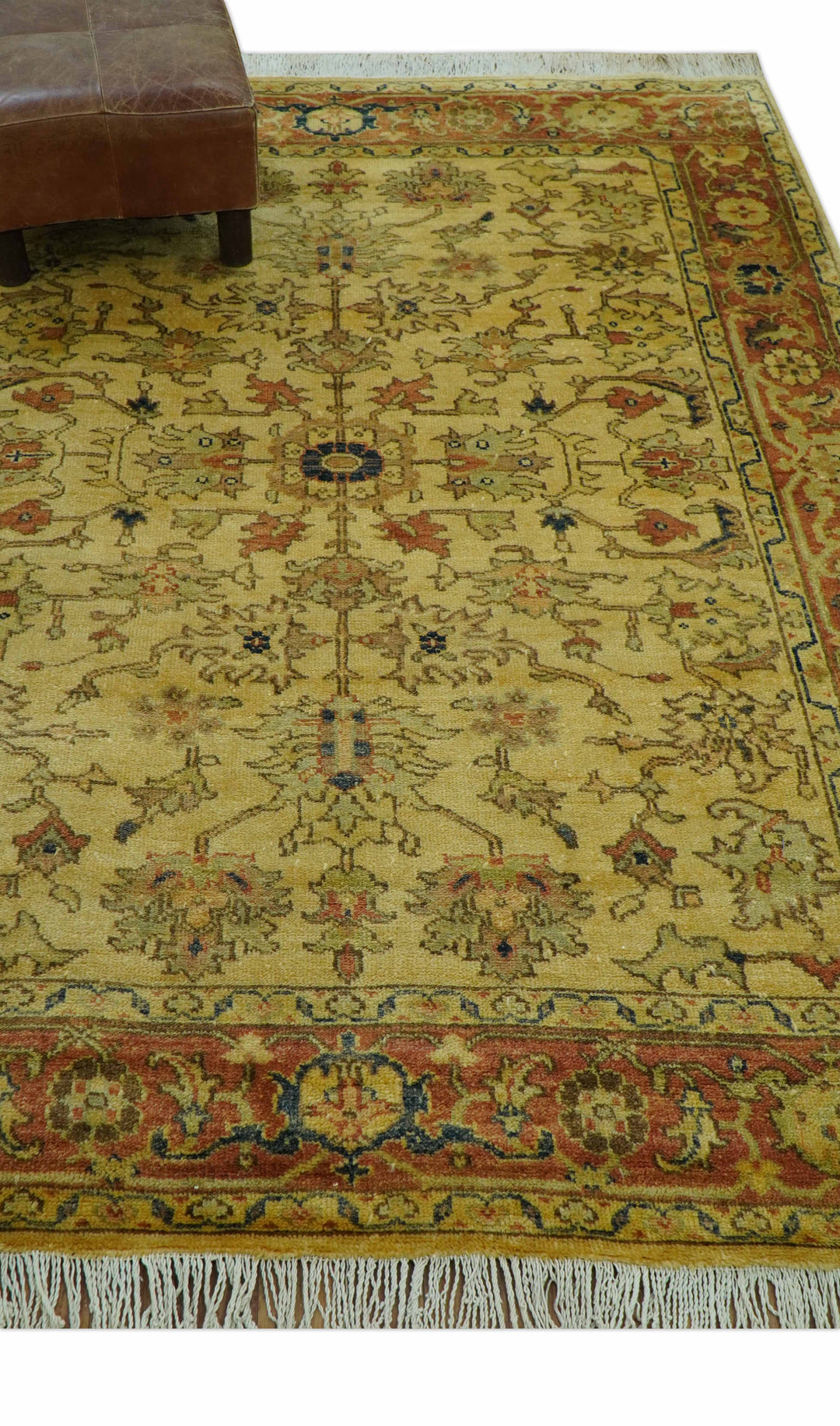 Heriz Traditional Design Gold And Rust 5x6.7 Hand Knotted Wool Area Rug