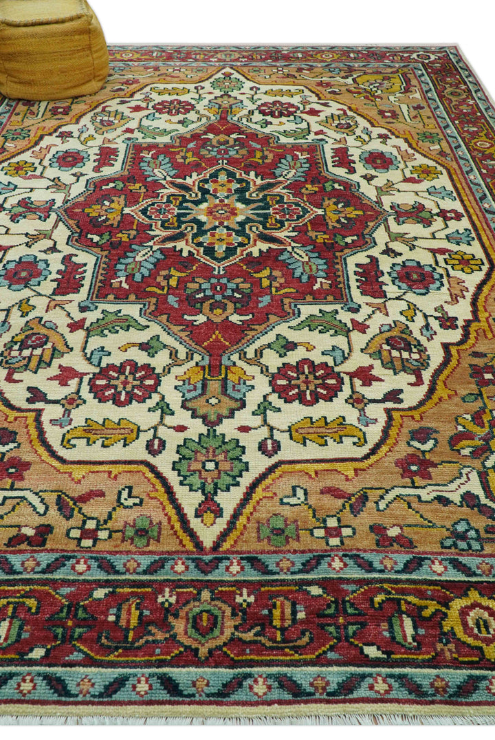 Custom Made Traditional Heriz Design Rust And Ivory Hand Knotted Wool Rug