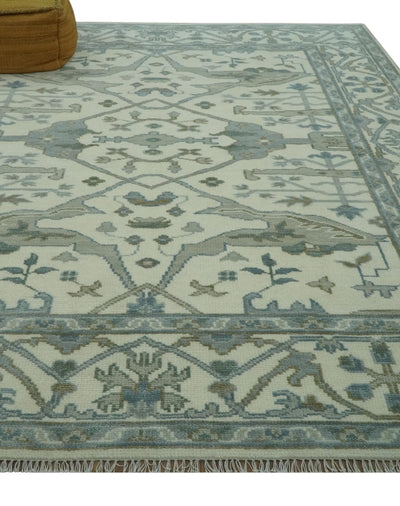 Custom Made Ivory, Gray and Olive Hand Knotted Oriental Oushak Wool area rug