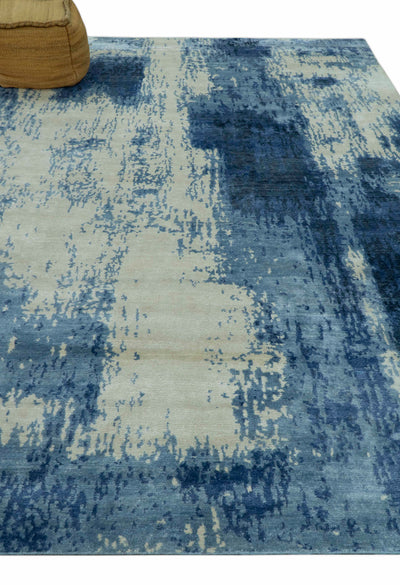 Modern Abstract Design Beige And Blue 9x12 Hand Knotted Bamboo Silk Area Rug