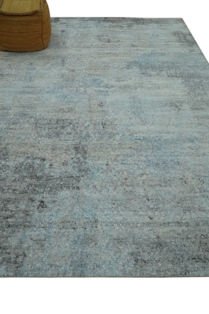 Abstract Blue And Gray  8x10 Hand Knotted Bamboo Silk Area Rug