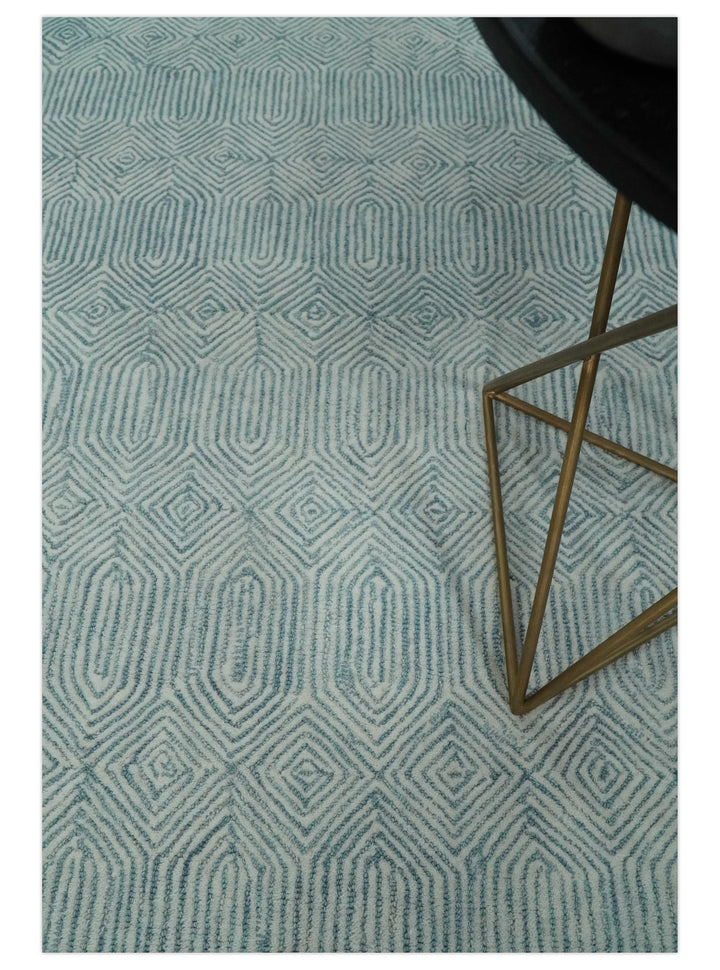 Ready to Ship Teal And Ivory Modern Contemporary Hand Tufted 6x9 Wool Rug