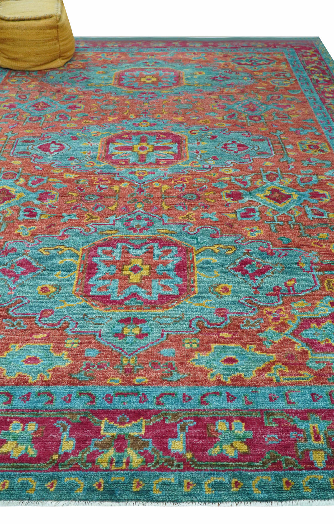 Custom Made Traditional Medallions Design Rust And Blue Hand Knotted Wool Rug