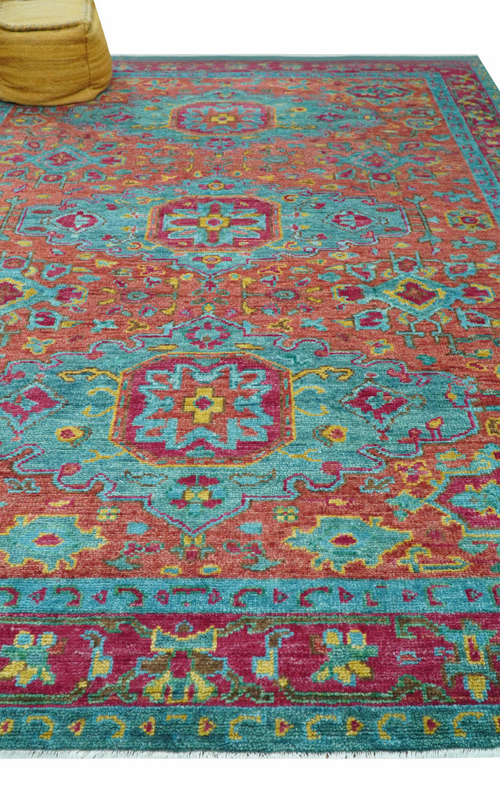 Custom Made Traditional Medallions Design Rust And Blue Hand Knotted Wool Rug
