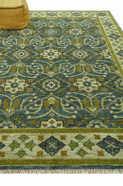 Blue and Olive Traditional motifs design Custom Made wool area rug