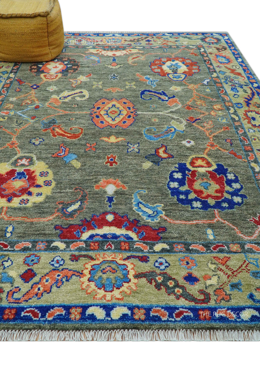 Ready to Ship 7x9 Feet Oushak Olive And Rust Hand Knotted Wool Rug