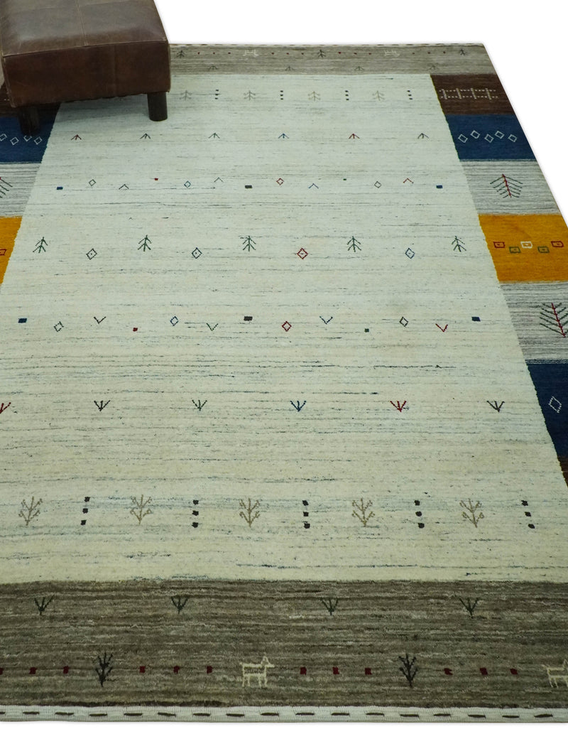 Ivory, Olive, Blue and Charcoal Handloom Tribal Gabbeh Multi Size wool Area Rug