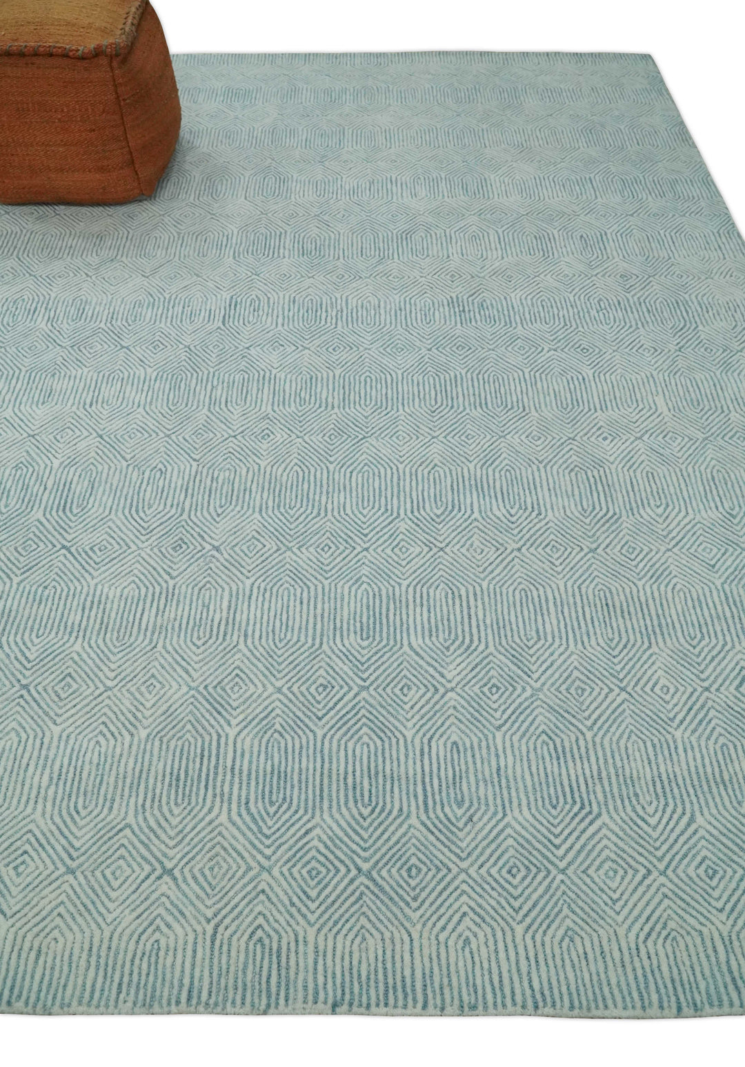 Ready to Ship Teal And Ivory Modern Contemporary Hand Tufted 8x10 Wool Rug