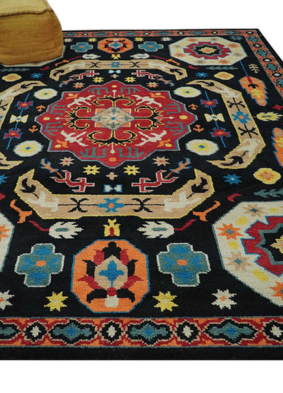 Custom Made Colorful Black, Maroon and Beige Traditional Mamluk Design wool Rug