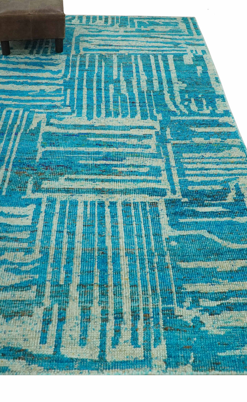 Modern stripes design Blue and Beige 5x8 Hand knotted Traditional wool area rug