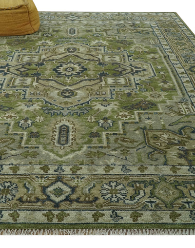 Custom Made Hand Knotted Traditional Green, Silver and Charcoal wool area rug