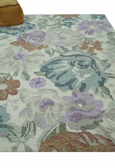 Ivory, Gray, Purple Flower Design Hand Tufted 8x10 wool Area Rug