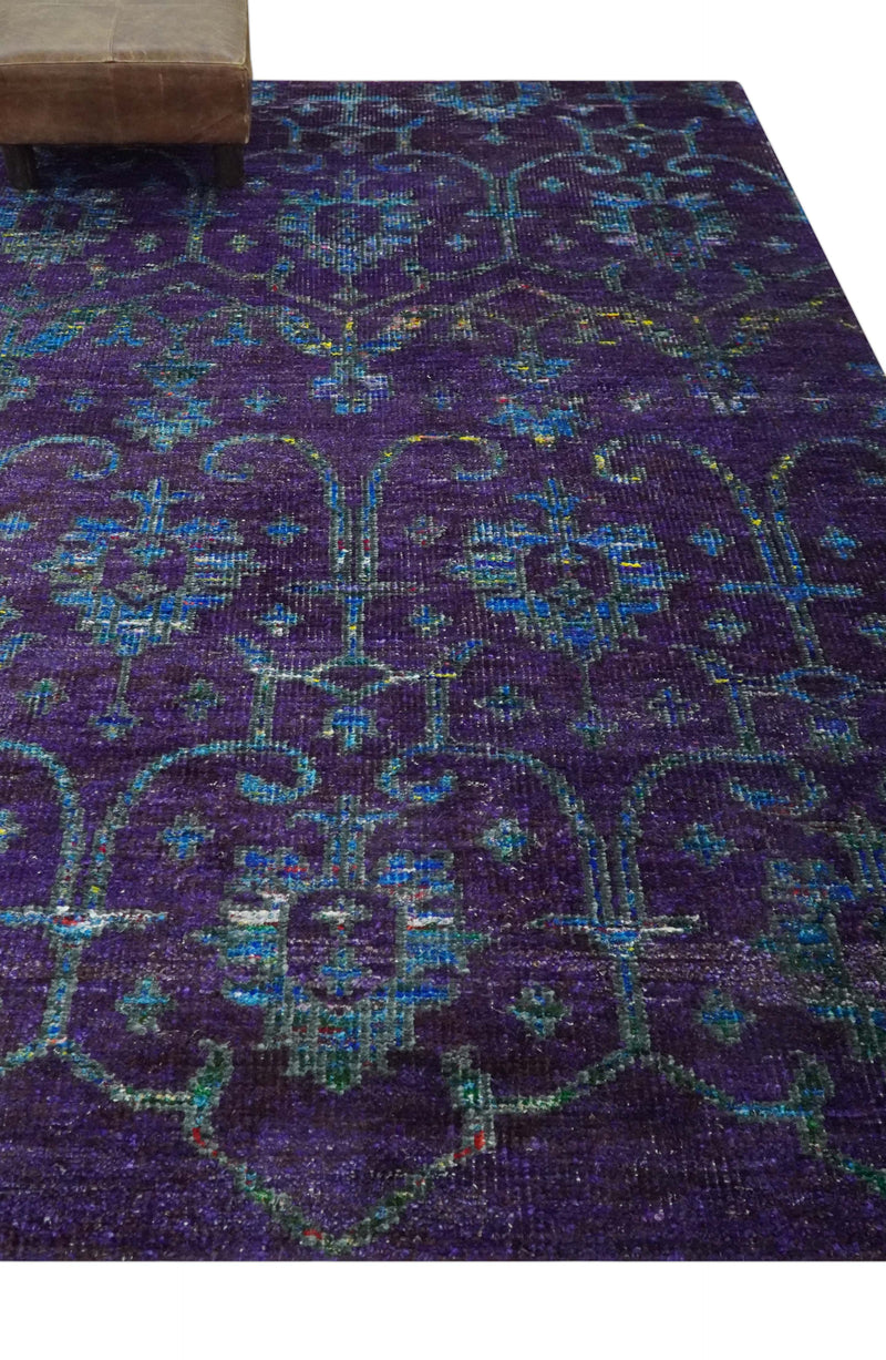 Violet and Blue Traditional Ikat design 5x8 Hand knotted wool area rug